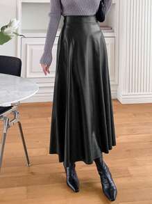 DAZY 1 pezzo Gonna a-line in ecopelle di colore unito con vita elastica, adatta per autunno e inverno - nero - Visualizzare 2