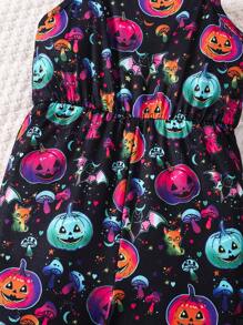 Girl's All-In-One Jumpsuit With Glow-In-The-Dark Pumpkin Print, Suitable For Halloween Party, Fashionable And Casual, Spring/Fall/Winter - Multicolor - View 6