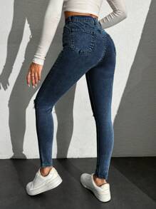 SHEIN Cottnline Ripped Skinny Jeans - Cadet Blue - View 2