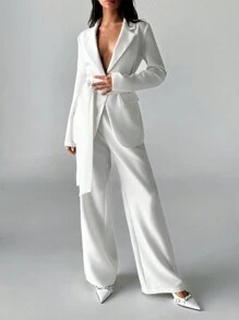Aloruh 2 pezzi Completo tailleur bianco da donna: Giacca blazer e pantaloni di colore tinta unita - Bianco - Visualizzare 4