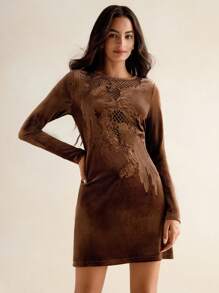 Anewsta Women Velvet Embroidered Hollow Out Elegant Mini Dress For Autumn/Winter