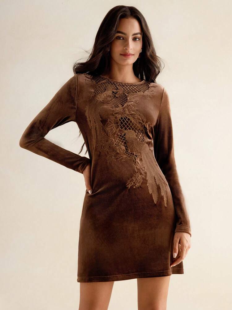 Women Velvet Embroidered Hollow Out Elegant Mini Dress For Autumn/Winter