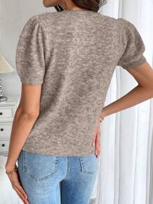 Pariaura Women's Heart Print Crew Neck Elegant Short Sleeve Knit Top - Camel - View 2