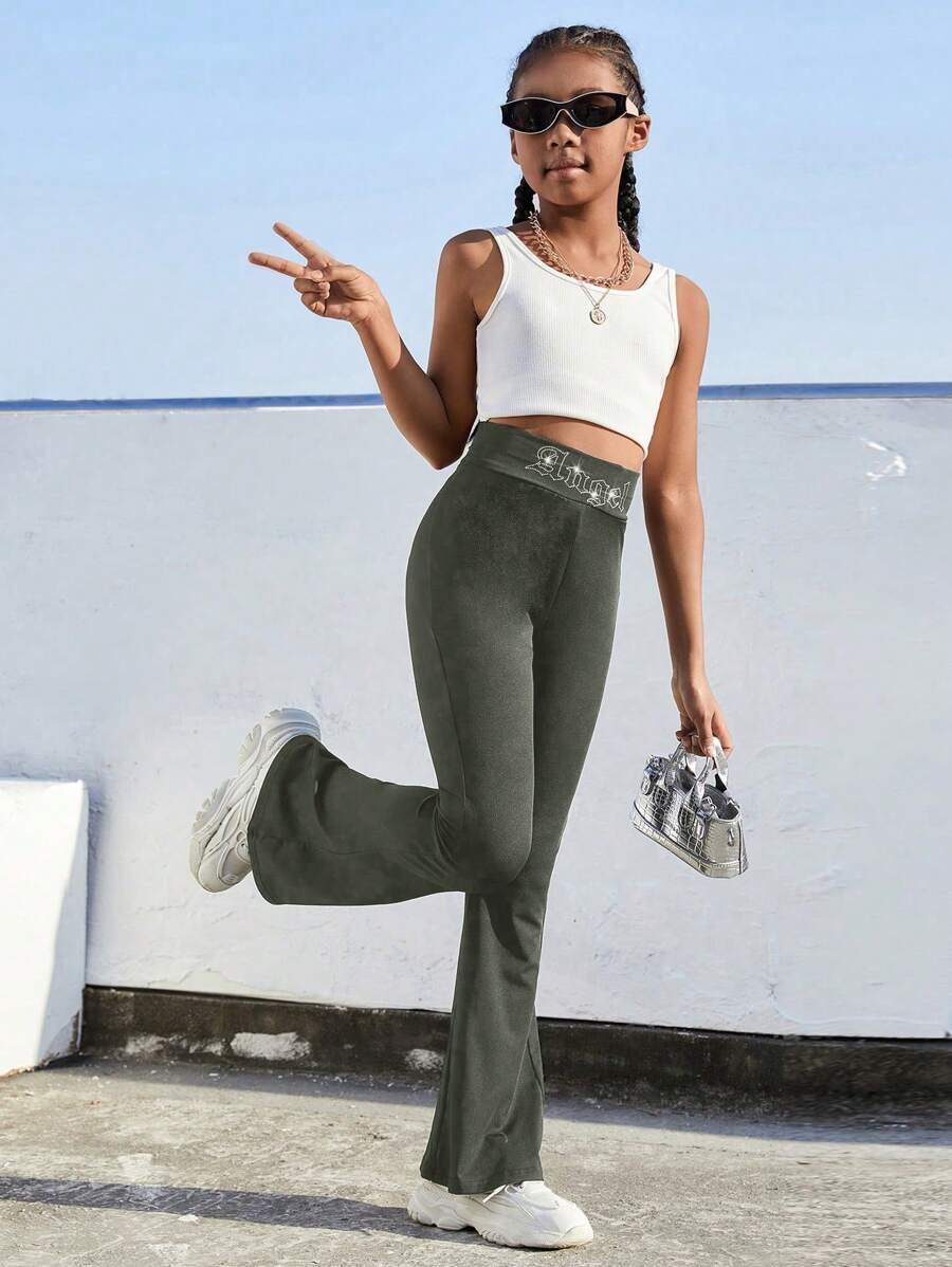 SHEIN Tween Girls Casual Y2K Butterfly Rhinestone Embellished Pants - Army Green - View 1