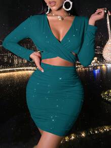 VaVaBold 女式秋季简约时尚纯色镂空褶皱紧身长袖连衣裙 - 水鴨藍 - 查看 6