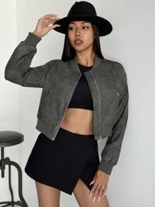 SHEIN Privé Áo khoác bomber PU thời trang Y2K ICON hiện đại, màu xám-xanh lá, thu/đông - màu xanh lá - Xem 3