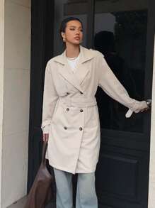 SHEIN EZwear Women's Solid Color Button-Front Long Sleeve Pocket Casual Trench Coat