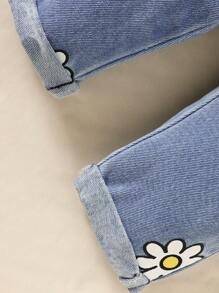 女婴休闲花卉印花长袖上衣和牛仔裤套装，秋季 - 白色 - 查看 8