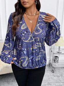 SHEIN Clasi Plus Size Casual All-Over Print Wraparound Shirt, Autumn - Multicolor - View 6