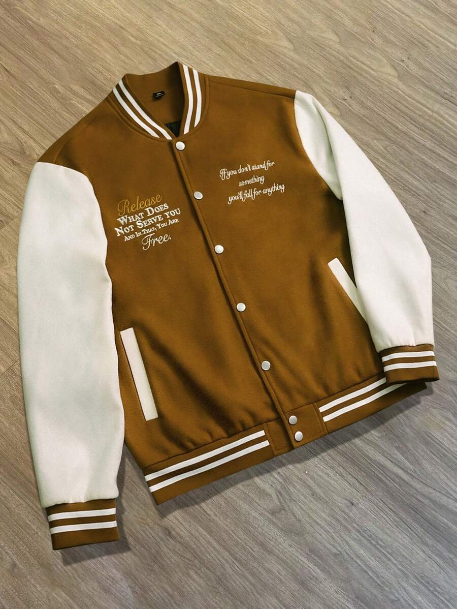 Manfinity Roghcode Men's Autumn Casual Color-Blocking Letter Embroidered Button Front Jacket - Multicolor - View 1