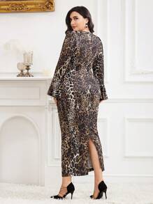 Modelyn Plus Size Leopard Print Keyhole Neckline Ruched Long Sleeve Dress Long Evening Dresses - Multicolor - View 3