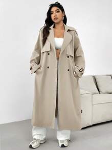 CovetEZ Große Größen einfache Unifarben Lässig Doppelreiher Trenchcoat für Herbst - Aprikosenfarben - Übersicht 4