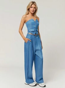SHEIN EZwear Women's Fashionable Modern PU Leather Strapless Jumpsuit Set, Autumn/Winter - Black - View 1