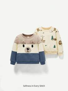 Cozy Pixies 2 pezzi Set di felpe girocollo per neonato con stampa di animali dei cartoni animati e colori a contrasto