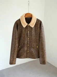 Manfinity VCAY 男士保暖加厚皮革混纺立领修身夹克，适合秋冬季 - 卡其色 - 查看 1