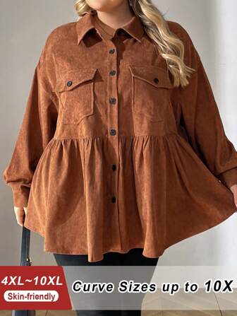 SHEIN CURVE+ Plus Size Stand Collar Color Block Button Dual Pockets Corduroy Ruffle Hem Dolly Casual Holiday Long Sleeve Blouse, Fall Top Clothes