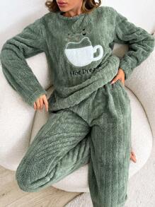 RueChic 2pcs Striped Fuzzy Fabric With Coffee Embroidery Detail Homewear PJ Set - Green - View 4