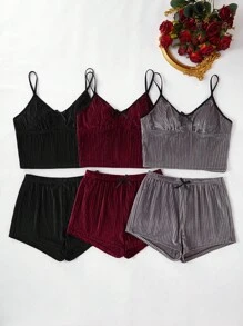 6pcs Solid Color Velvet Cami Top & Shorts Set Cozy Outfit, Fall Winter Clothes, Fluffy Pajama