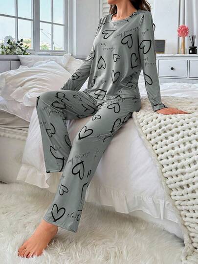 Heart Letter Print Women Round Neck Long Sleeve Top Pants Pajama Set, Fall Clothes view 4