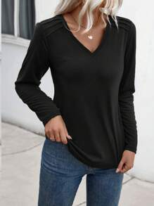 EMERY ROSE Women V-Neck Long Sleeve Casual T-Shirt, Solid Color, Autumn Fall Cloth For Women - Black - View 3