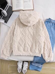 SHEIN Teen Girls Ivory Textured Teddy Fleece Letter Graphic Casual Pullover Hoodie,In Fall/Winter