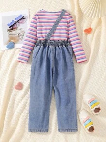 SHEIN 2pcs/Set Young Girls Rainbow Stripe Pattern Knit Sweater & Dungaree Pants Cute Spring And Fall Outfit - Pink - View 2