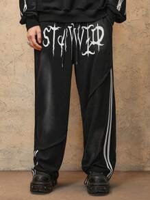 ROMWE MEN Grunge Punk Herren Loose Fit Lässig Jogginghose mit Buchstaben Muster und Kordelzug in der Taille - Schwarz - Übersicht 5