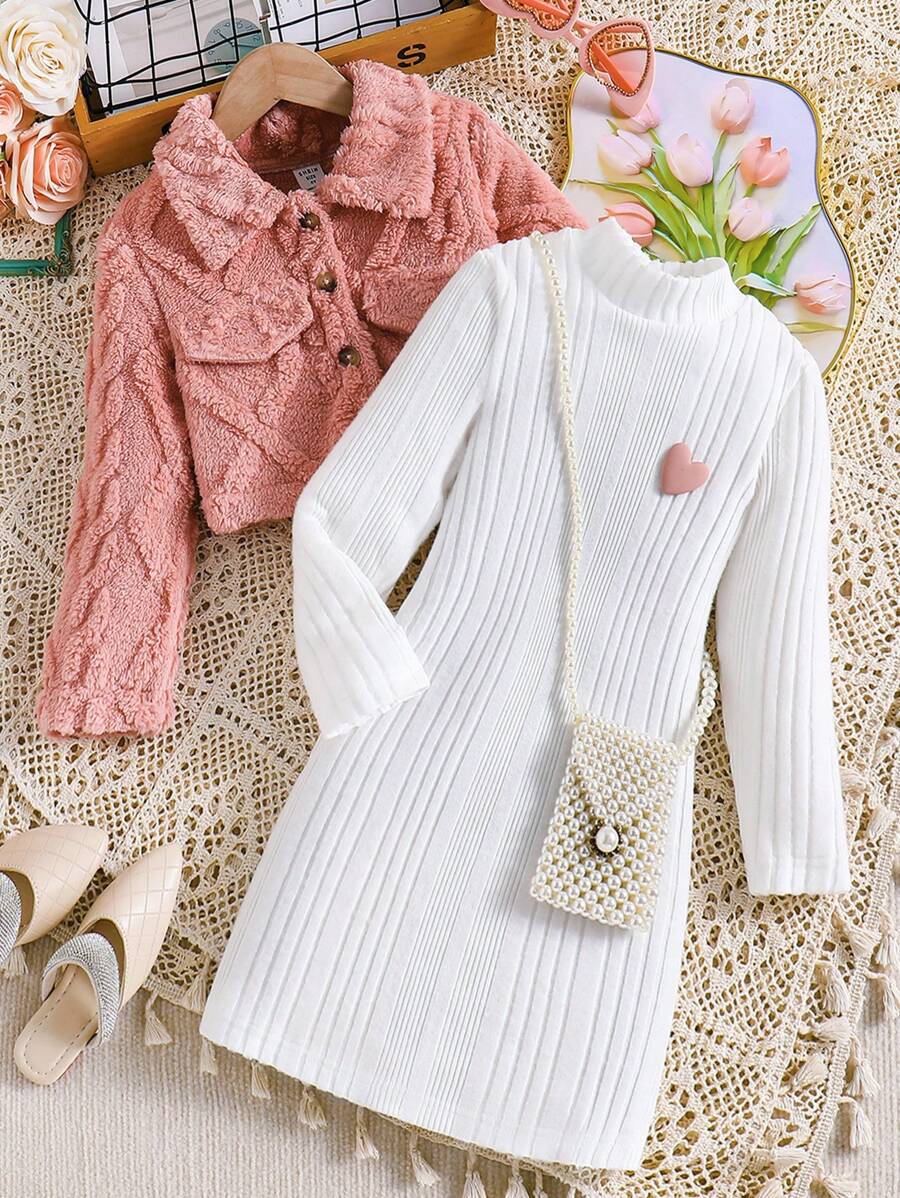 2 件套青少年女孩休闲外套套装：羊毛夹克和 A 字罗纹针织裙，冬季