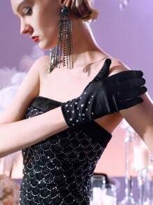 The Great Gatsby x MOTF PREMIUM 1 PAIR WOMEN'S ELEGANT DIAMOND/CRYSTAL LINE BLACK SATIN FULL FINGER GLOVES, SUITABLE FOR WEDDING PARTY - Black - View 2