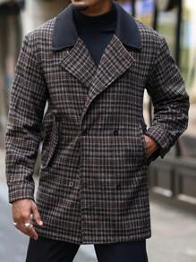 Manfinity Homme 男士休闲格子领双排扣大衣，秋季，风衣男士外套，男士大衣，秋冬男士衣服，冬季男士大衣 - 彩色 - 查看 6