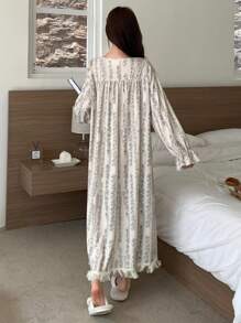 DAZY Floral Print Long Nightgown With Ruffle Hem Tassel Pajama, Moo Moo Sleep Dress, Fall, Winter - Beige - View 2
