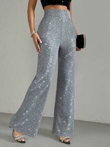 Chiquease Women Silver Glittery High Waisted Loose Straight Leg Long Pants - Silver - View 3