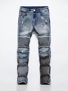 TWEEN Boy Retro Street Hip Hop Style Distressed Color Block Stretch Jeans