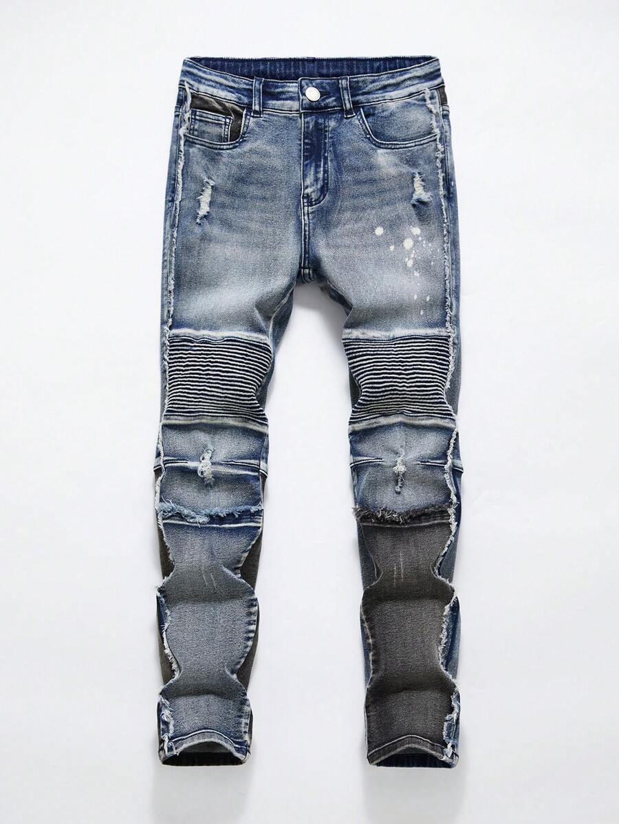TWEEN Boy Retro Street Hip Hop Style Distressed Color Block Stretch Jeans