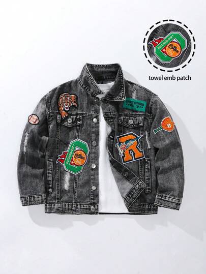 Tween Boy 复古街头风格宽松破洞做旧动物图案刺绣休闲浅洗牛仔夹克