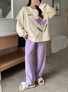 DAZY Flannel Thickened Floral Embroidered Decorative Pajama Set, Winter - Purple - View 3