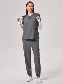 TaskEZ V 领短袖撞色 4 个口袋休闲女式 T 恤刷洗制服衬衫和女式裤子刷洗制服套装，健康检查手术刷洗制服套装女士纯色宠物美容工作刷洗制服套装营养师工作服短袖实验室工作服女士两件套刷洗套装套装，多口袋功能性工作服，上衣领口带拉链方便穿脱，下身松紧腰带方便穿脱 - 灰色 - 查看 9