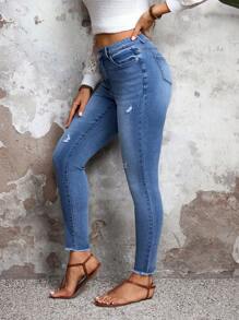 SHEIN LUNE Jeans de mezclilla simples con bolsillo delantero y botones para mujer, uso casual diario - Azul - Ver 1