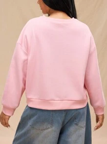 Forever 21 大码女式罗纹圆领蝴蝶印花俏皮粉色长袖运动衫，秋冬款