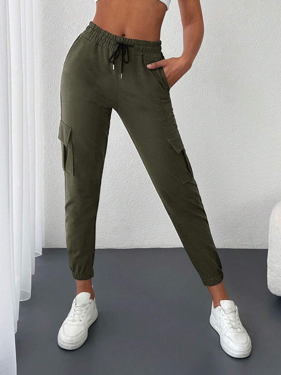 EURMUSE Flap Pocket Side Drawstring Waist Cargo Sweatpants - Khaki - View 1