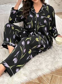 CottageSlumber Plus Size Floral Print Button Front Collared Top & Pants Sleepwear Set, Cozy And Elegant Details, Fall Winter Clothes - Black - View 5