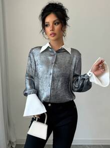 Calvaya Camisa larga holgada de manga larga con contraste de color metálico para mujer, de uso casual en otoño