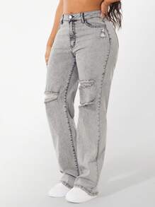 SHEIN SXY Quần Jeans Denim Thường Ngày Túi Rách Trơn - Màu Xám nhạt - Xem 2