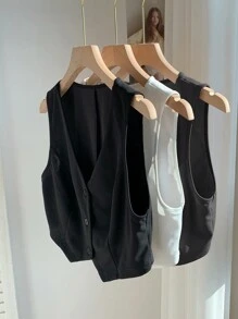 Comfortcana 3 件套女士休闲 V 领单排扣纯色背心套装，秋季 - 彩色 - 查看 5