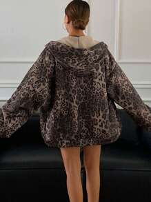DAZY 女士花卉印花宽松连帽拉链抓绒外套，猎豹纹印花，秋季女装豹纹印花