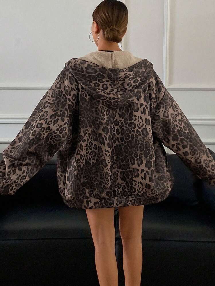 Floral Print Loose Hooded Zipper Fleece Jacket For Women Cheetah Print,Fall Women Clothes Leopard Print