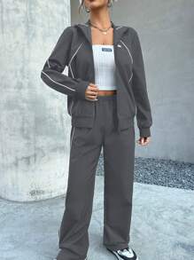 Muchica Casual Sporty Contrast Color Jacket & Pants Set
