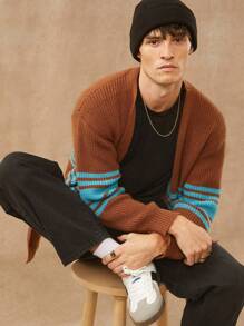 Men Varsity Cardigan Sweater - Brown - View 1