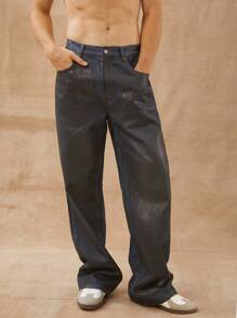 Men Premium Cotton Denim Dark Coated Straight Leg Jeans