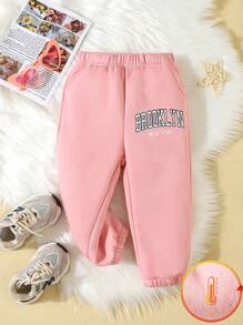 2pcs Baby Girls Athleisure Fleece Letter Print Sweatshirt & Pants Set, Autumn/Winter - Pink - View 1